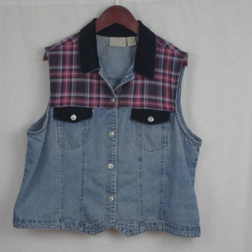 Vintage Multi Fabric Denim Plaid Ladies' Vest 2X